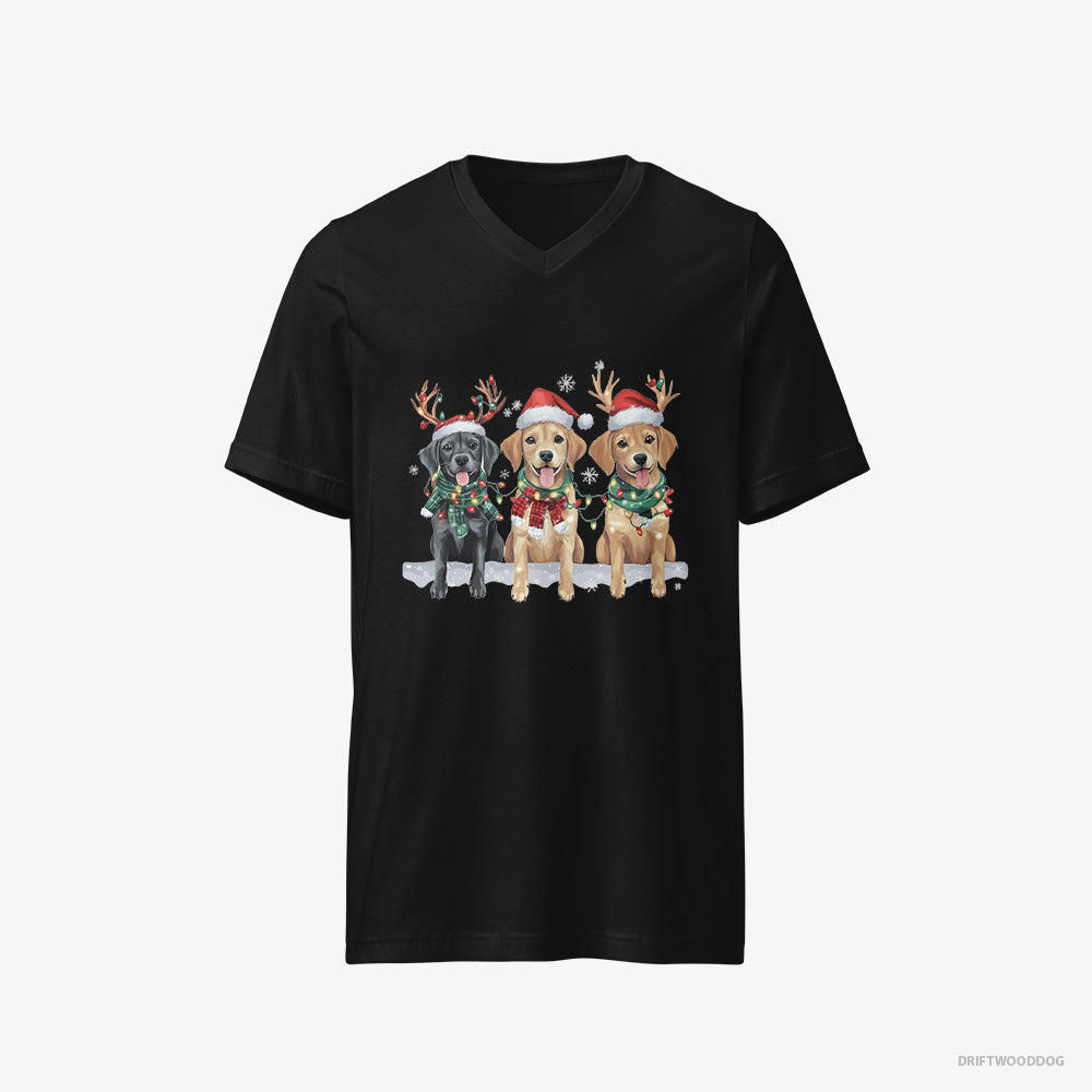 Golden Retriever T-Shirt – Men Black T-Shirt V-Neck – Puppies in the Christmas Spirit (on White Background)