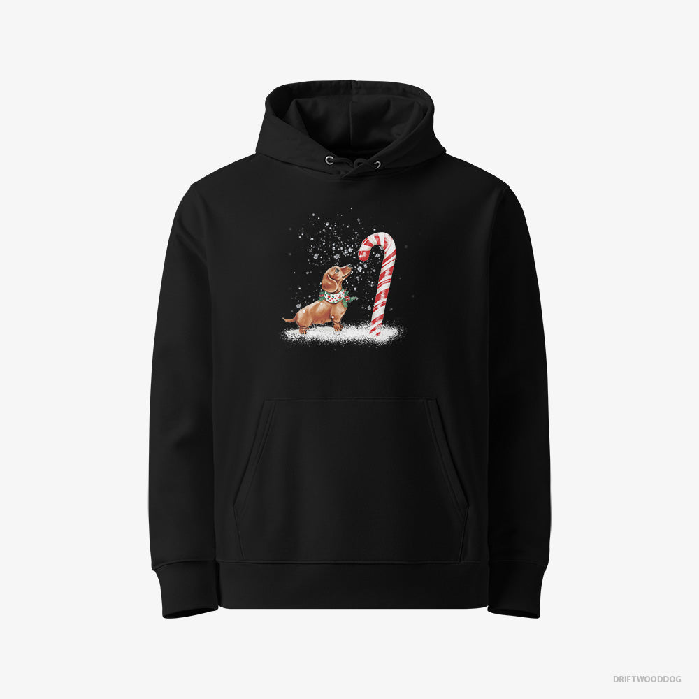 Dachshund Hoodie – Men Black Hoodie Eco-Friendly – by a Giant Christmas Lollipop (on White Background)