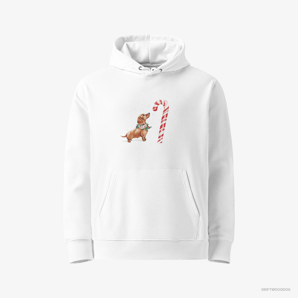 Dachshund Hoodie – Women White Hoodie Eco-Friendly – by a Giant Christmas Lollipop (on White Background)