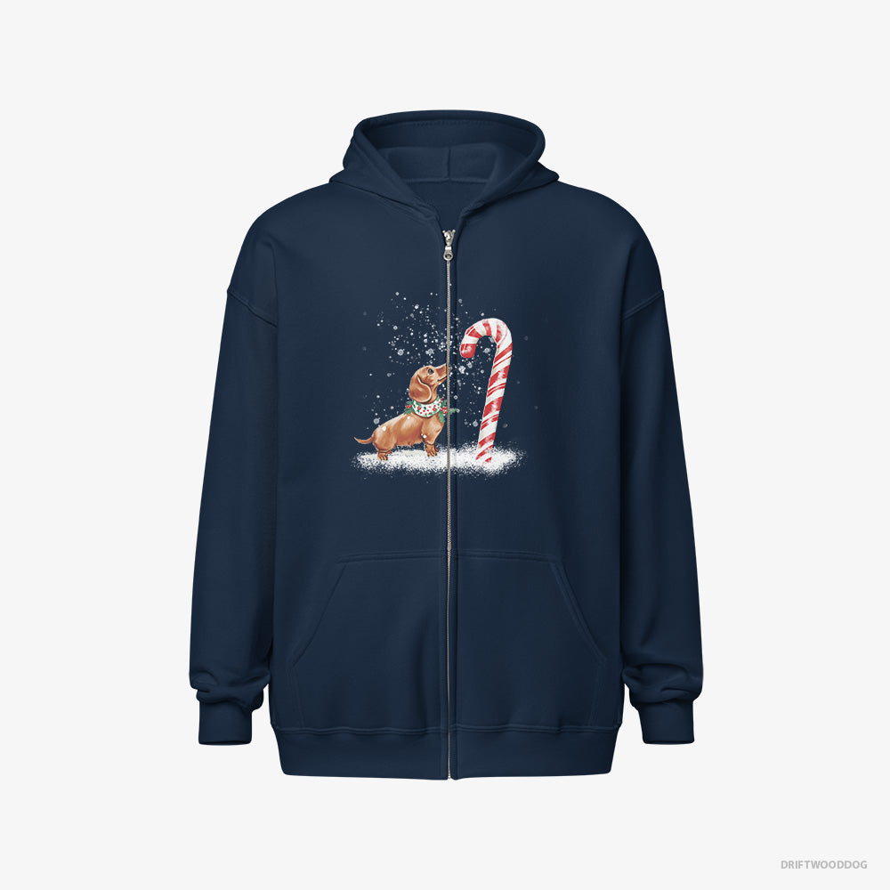 Dachshund Hoodie – Men Navy Hoodie Full-Zip – by a Giant Christmas Lollipop (on White Background)