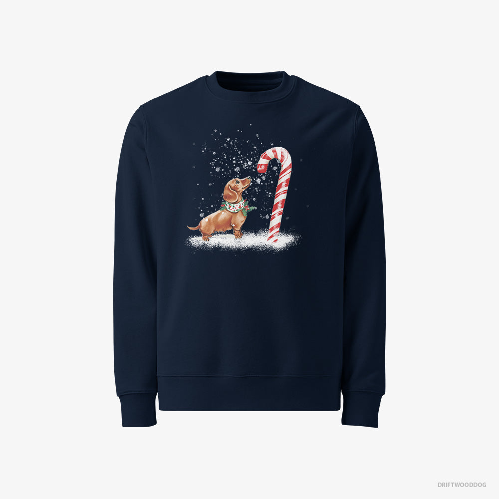 Dachshund Sweatshirt – Men Navy Sweatshirt Classic – by a Giant Christmas Lollipop (on White Background)