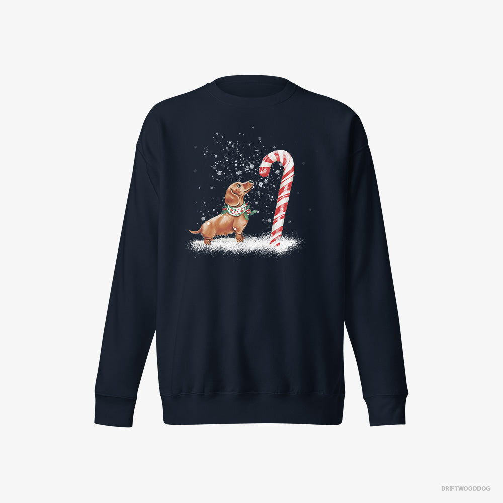 Dachshund Sweatshirt – Women Navy Sweatshirt Eco-Friendly – by a Giant Christmas Lollipop (on White Background)