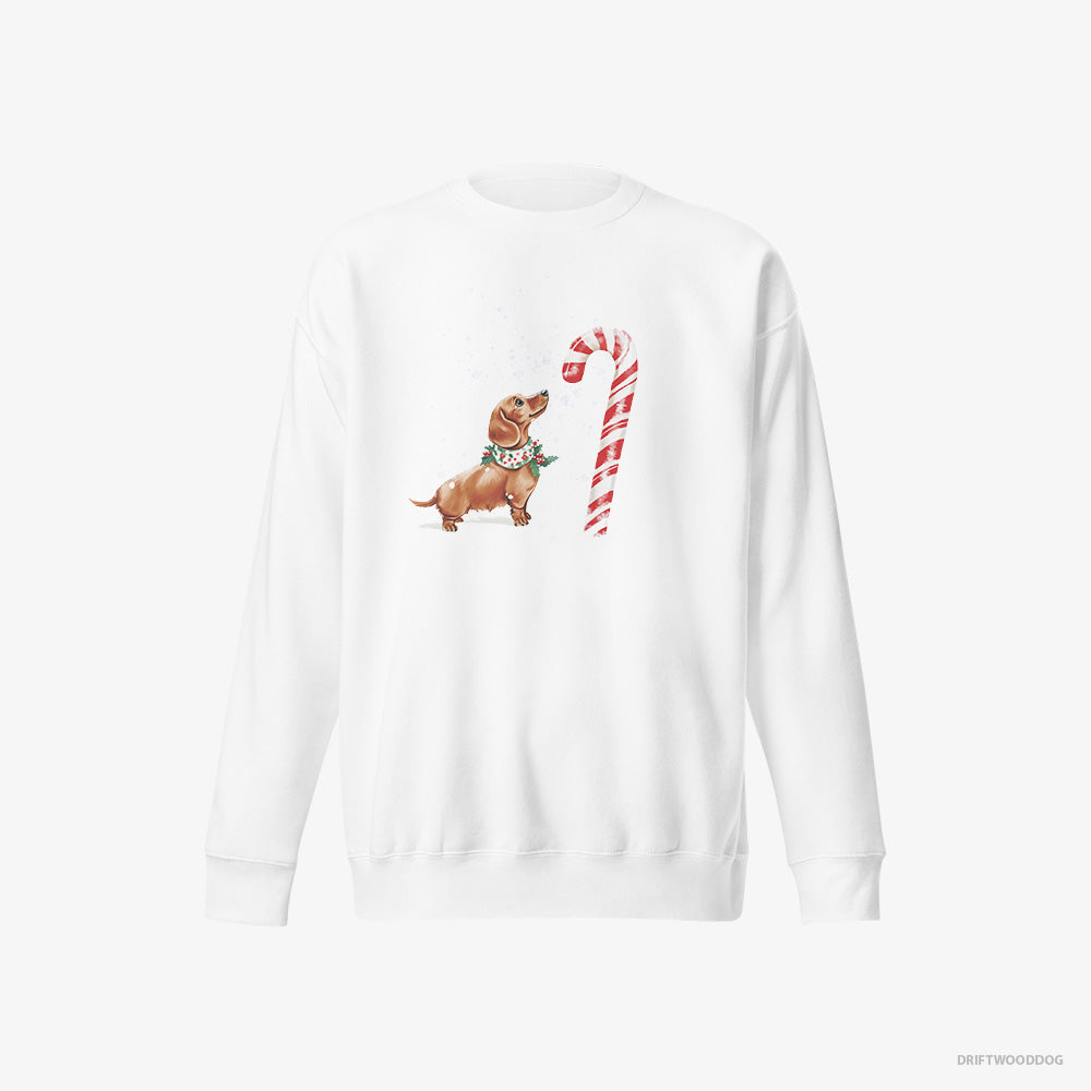 Dachshund Sweatshirt – Men White Sweatshirt Eco-Friendly – by a Giant Christmas Lollipop (on White Background)