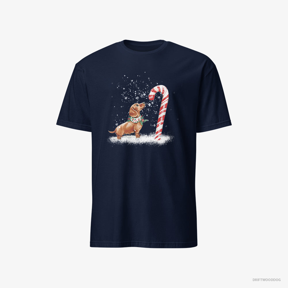 Dachshund T-Shirt – Women Navy T-Shirt Classic – by a Giant Christmas Lollipop (on White Background)