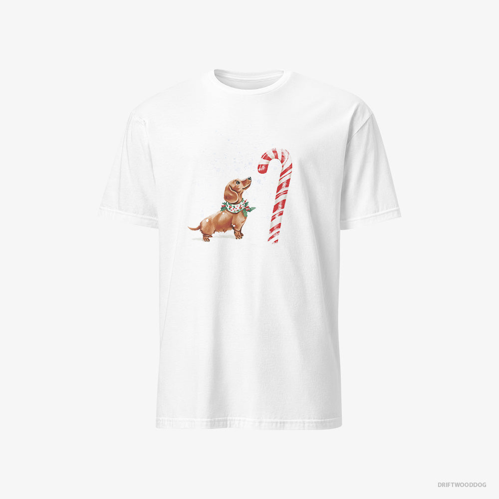 Dachshund T-Shirt – Women White T-Shirt Classic – by a Giant Christmas Lollipop (on White Background)