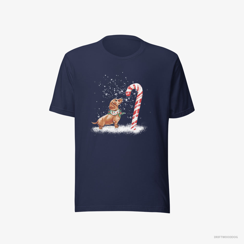 Dachshund T-Shirt – Men Navy T-Shirt Eco-Friendly – by a Giant Christmas Lollipop (on White Background)