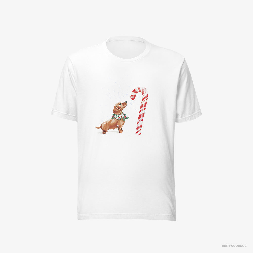 Dachshund T-Shirt – Men White T-Shirt Eco-Friendly – by a Giant Christmas Lollipop (on White Background)