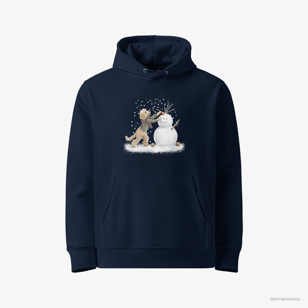 Poodle Hoodie – Women Navy Hoodie Eco-Friendly – Creating a Snowman (on White Background)