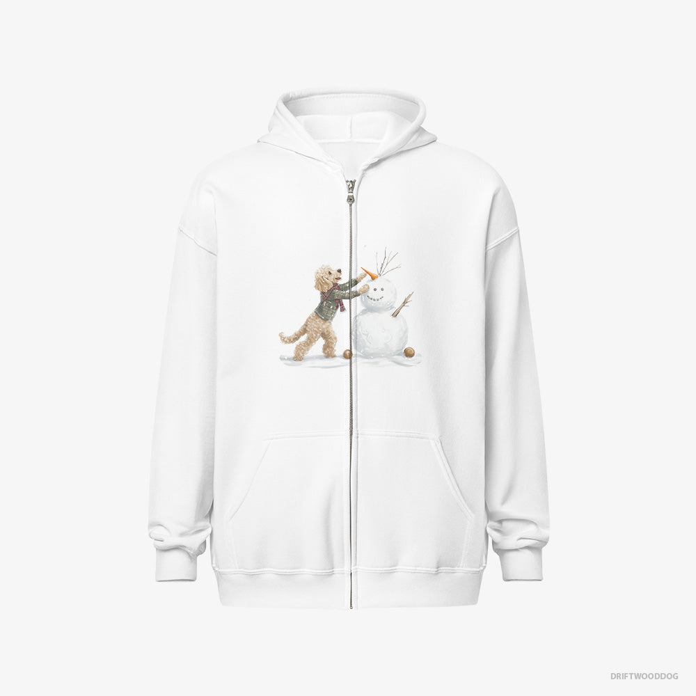 Poodle Hoodie – Men White Hoodie Full-Zip – Creating a Snowman (on White Background)