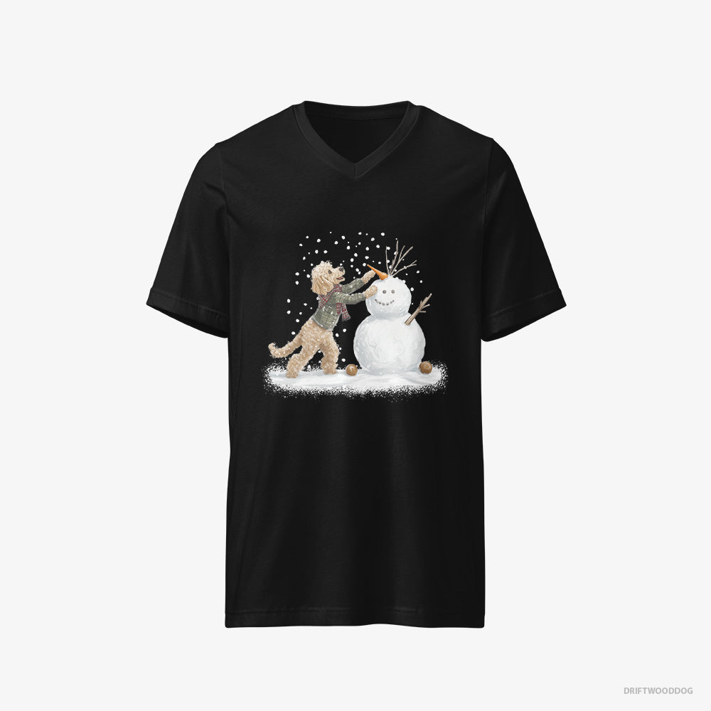 Poodle T-Shirt – Men Black T-Shirt V-Neck – Creating a Snowman (on White Background)