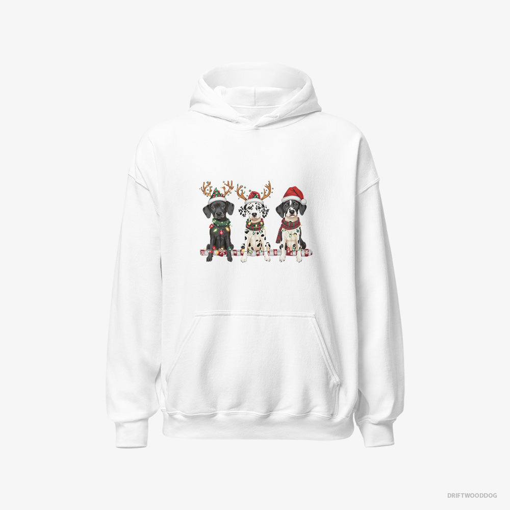 Dalmatian Hoodie – Men White Hoodie Classic – Puppies in a Warm Christmas Atmosphere (on White Background)