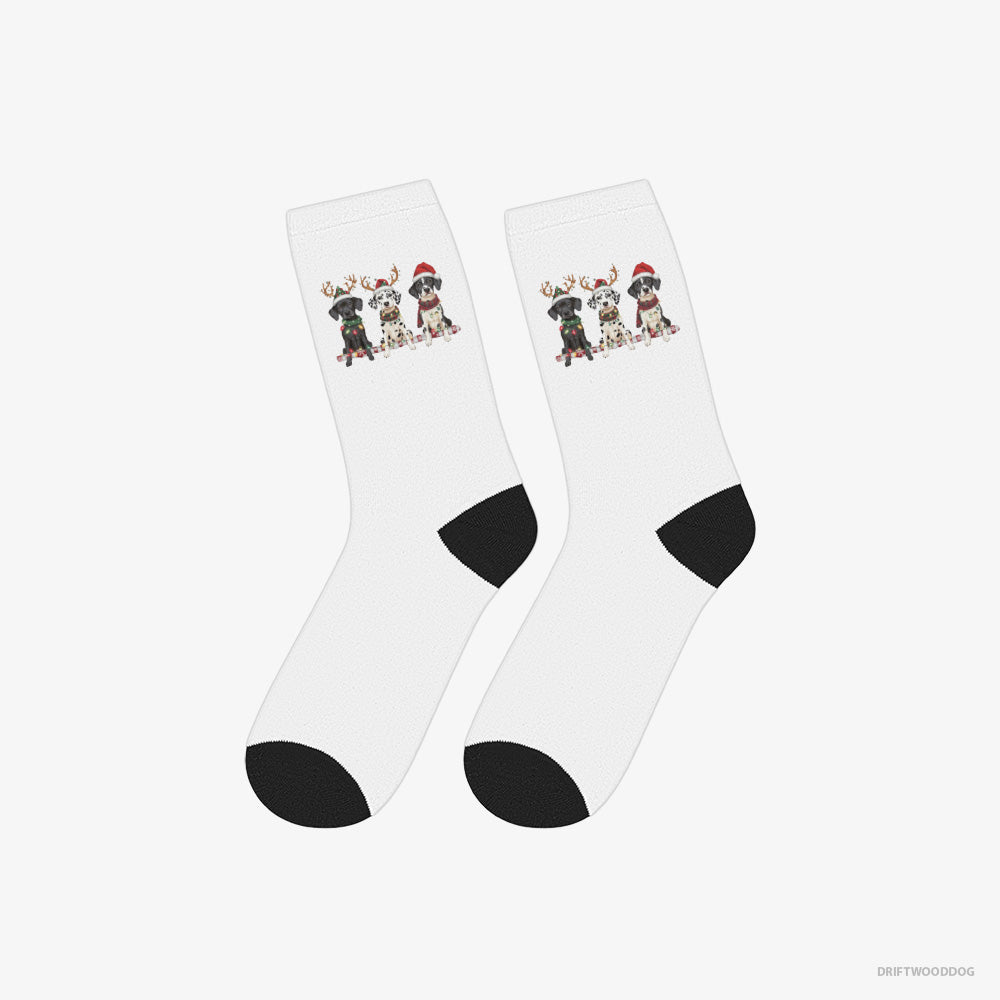 Dalmatian Socks – Unisex White Socks Classic – Puppies in a Warm Christmas Atmosphere (on White Background)