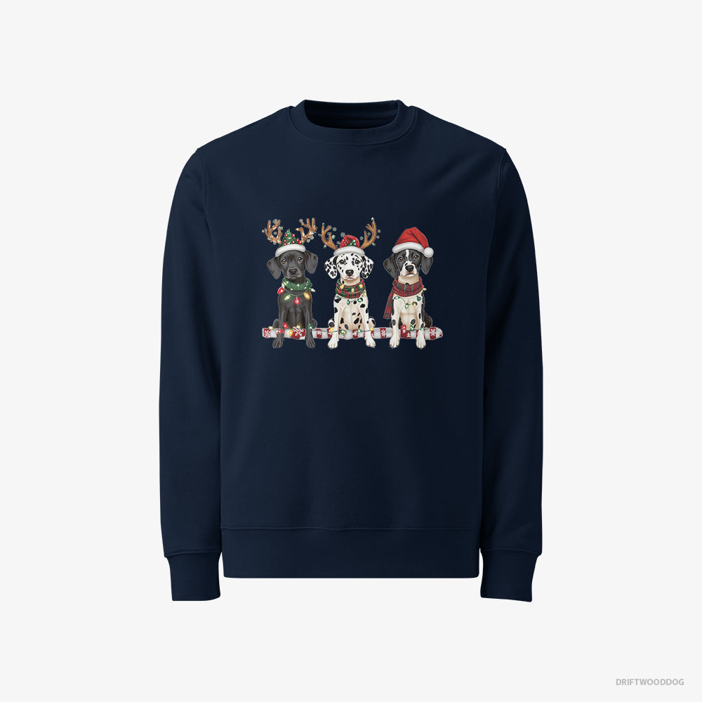 Dalmatian Sweatshirt – Men Navy Sweatshirt Classic – Puppies in a Warm Christmas Atmosphere (on White Background)