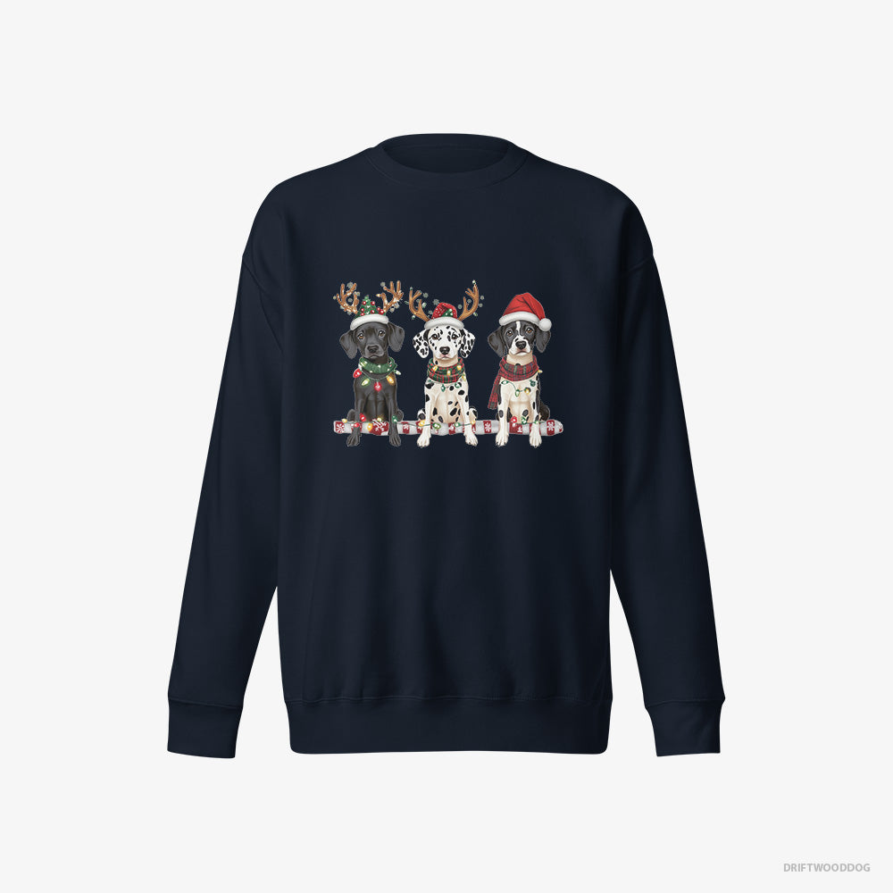 Dalmatian Sweatshirt – Women Navy Sweatshirt Eco-Friendly – Puppies in a Warm Christmas Atmosphere (on White Background)