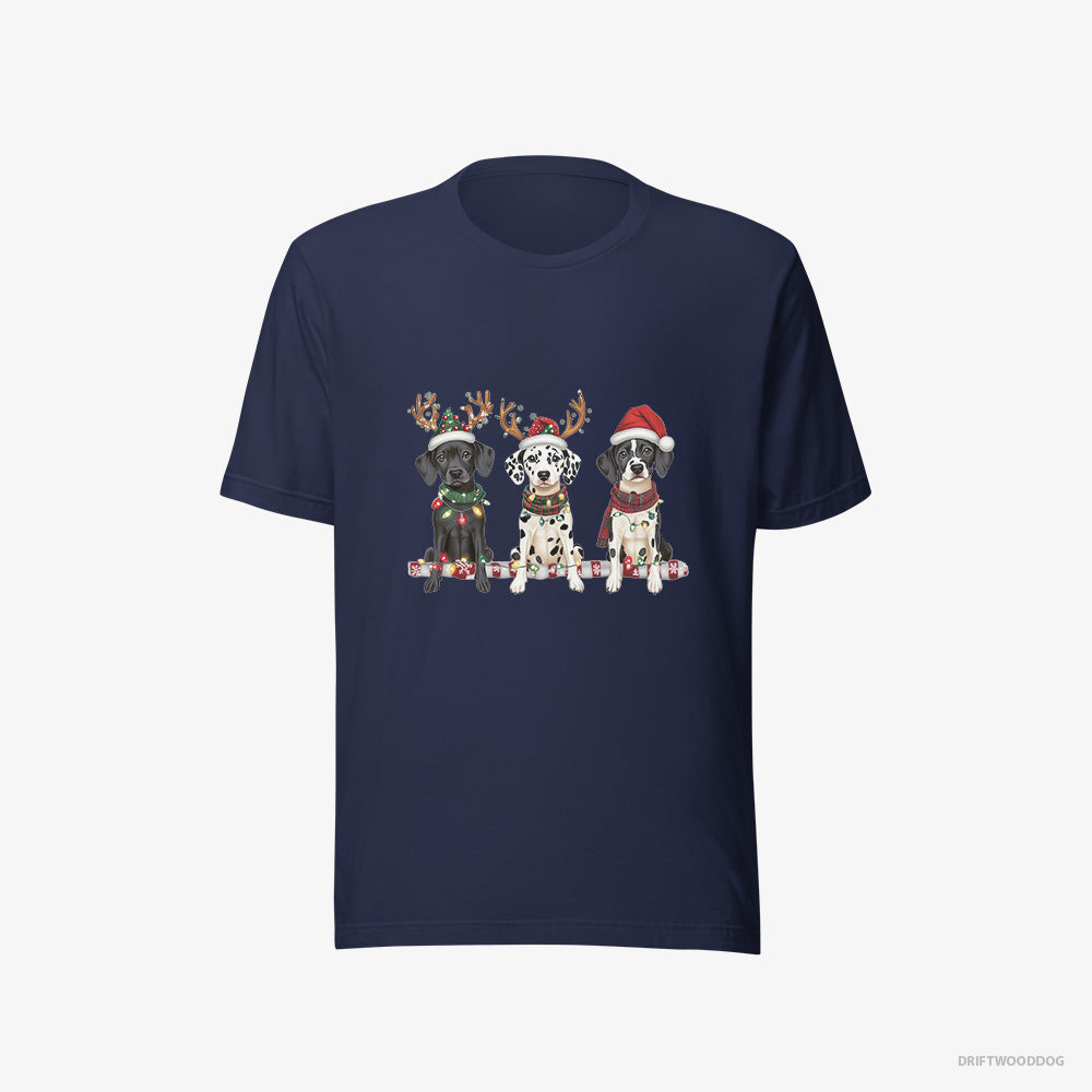 Dalmatian T-Shirt – Men Navy T-Shirt Eco-Friendly – Puppies in a Warm Christmas Atmosphere (on White Background)