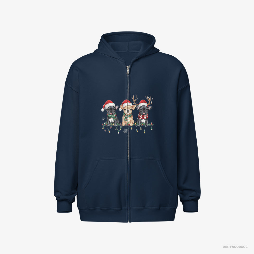 French Bulldog Hoodie – Men Navy Hoodie Full-Zip – Puppies Soaking in the Christmas Vibes (on White Background)