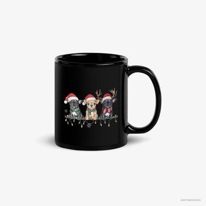 French Bulldog Mug – Unisex Black Mug Classic – Puppies Soaking in the Christmas Vibes (on White Background)