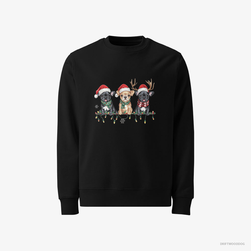 French Bulldog Sweatshirt – Men Black Sweatshirt Classic – Puppies Soaking in the Christmas Vibes (on White Background)