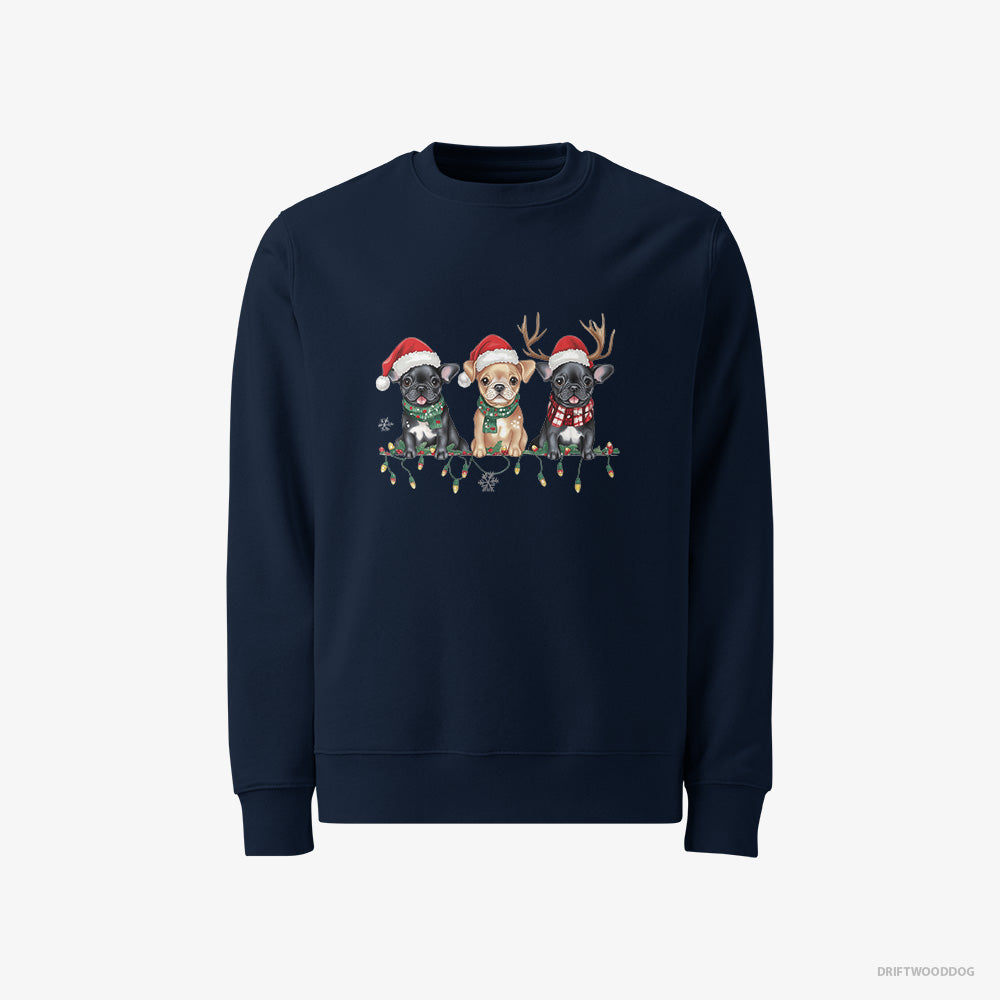 French Bulldog Sweatshirt – Men Navy Sweatshirt Classic – Puppies Soaking in the Christmas Vibes (on White Background)