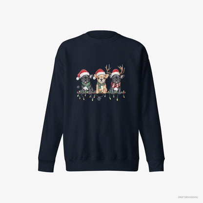 French Bulldog Sweatshirt – Women Navy Sweatshirt Eco-Friendly – Puppies Soaking in the Christmas Vibes (on White Background)