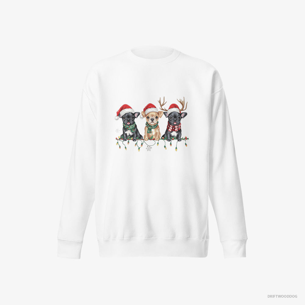 French Bulldog Sweatshirt – Women White Sweatshirt Eco-Friendly – Puppies Soaking in the Christmas Vibes (on White Background)