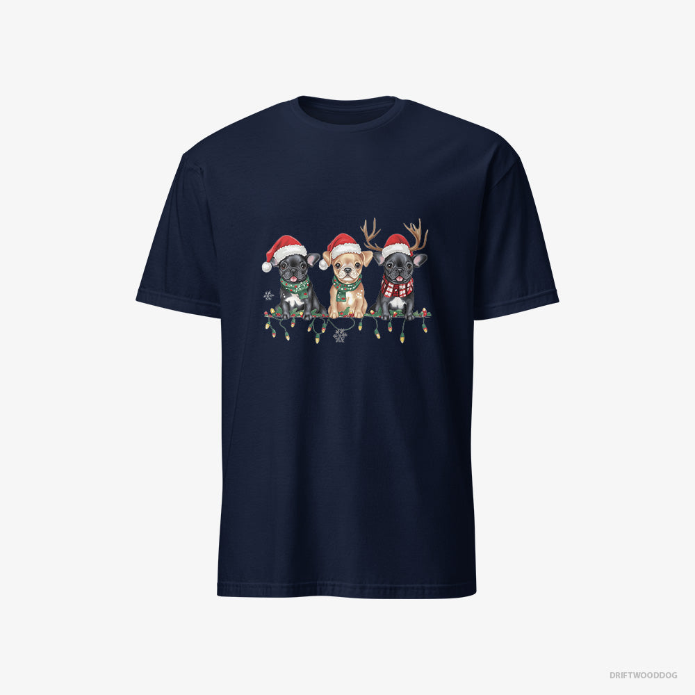 French Bulldog T-Shirt – Men Navy T-Shirt Classic – Puppies Soaking in the Christmas Vibes (on White Background)