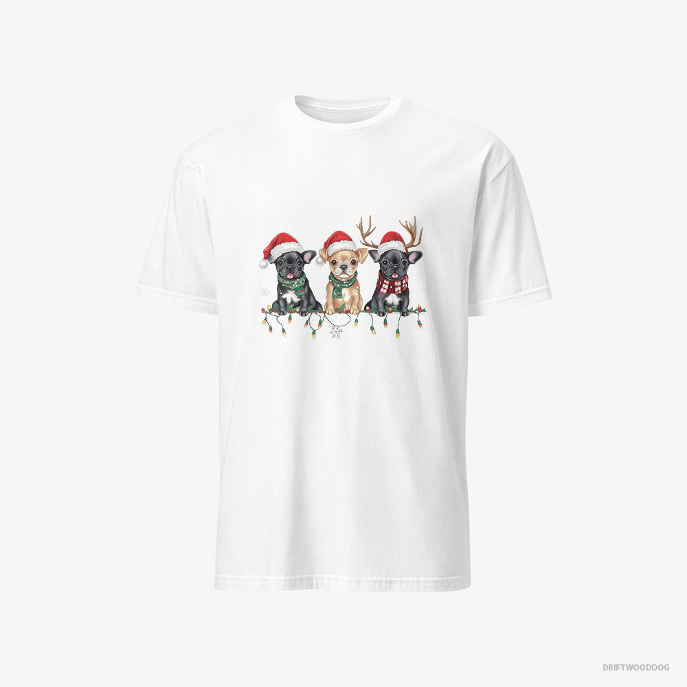 French Bulldog T-Shirt – Men White T-Shirt Classic – Puppies Soaking in the Christmas Vibes (on White Background)