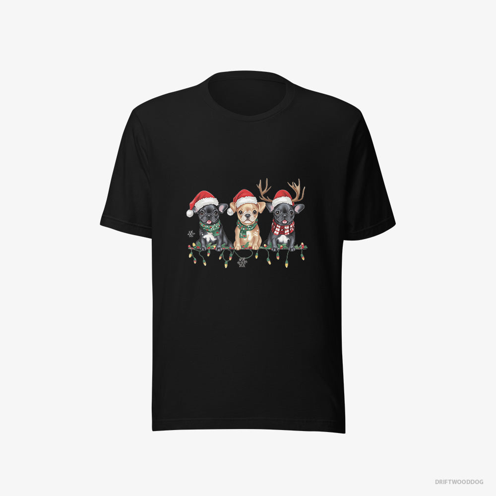 French Bulldog T-Shirt – Women Black T-Shirt Eco-Friendly – Puppies Soaking in the Christmas Vibes (on White Background)