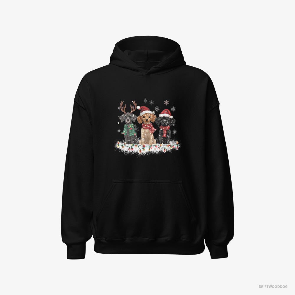 Poodle Hoodie – Women Black Hoodie Classic – Puppies Surrounded by Christmas Magic (on White Background)