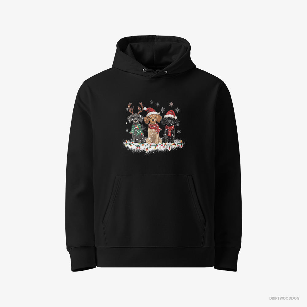 Poodle Hoodie – Men Black Hoodie Eco-Friendly – Puppies Surrounded by Christmas Magic (on White Background)