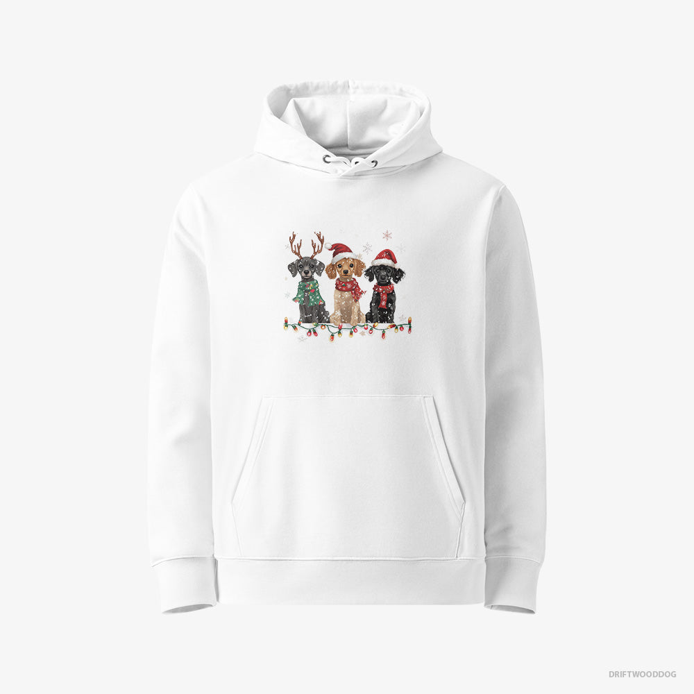 Poodle Hoodie – Women White Hoodie Eco-Friendly – Puppies Surrounded by Christmas Magic (on White Background)