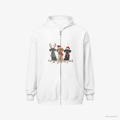 Poodle Hoodie – Men White Hoodie Full-Zip – Puppies Surrounded by Christmas Magic (on White Background)