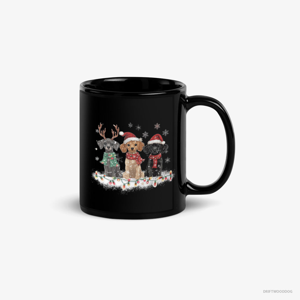 Poodle Mug – Unisex Black Mug Classic – Puppies Surrounded by Christmas Magic (on White Background)