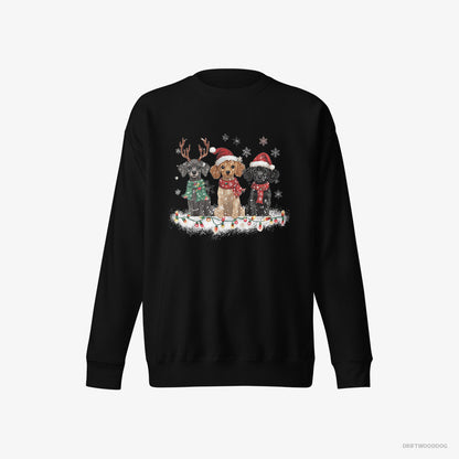 Poodle Sweatshirt – Men Black Sweatshirt Eco-Friendly – Puppies Surrounded by Christmas Magic (on White Background)