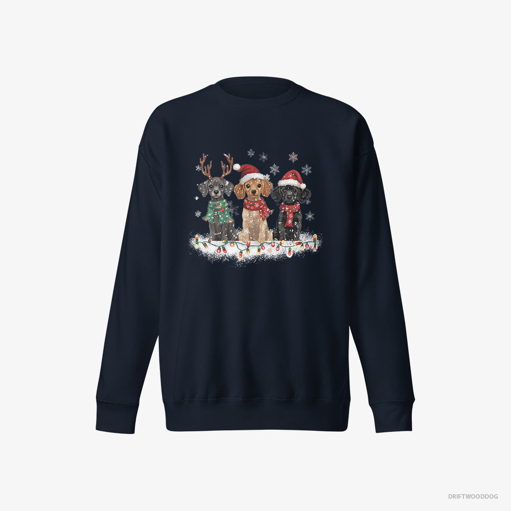 Poodle Sweatshirt – Men Navy Sweatshirt Eco-Friendly – Puppies Surrounded by Christmas Magic (on White Background)