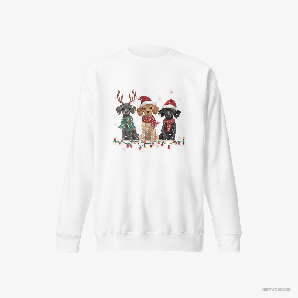 Poodle Sweatshirt – Women White Sweatshirt Eco-Friendly – Puppies Surrounded by Christmas Magic (on White Background)