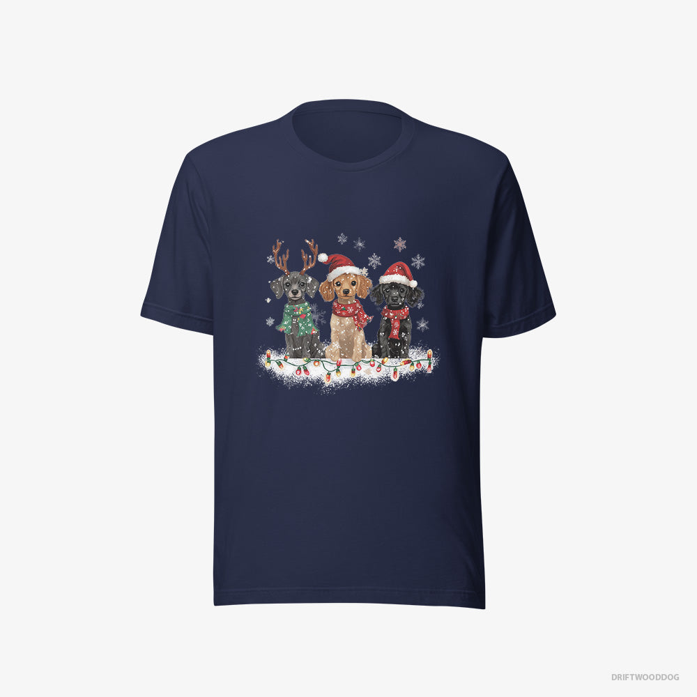 Poodle T-Shirt – Women Navy T-Shirt Eco-Friendly – Puppies Surrounded by Christmas Magic (on White Background)