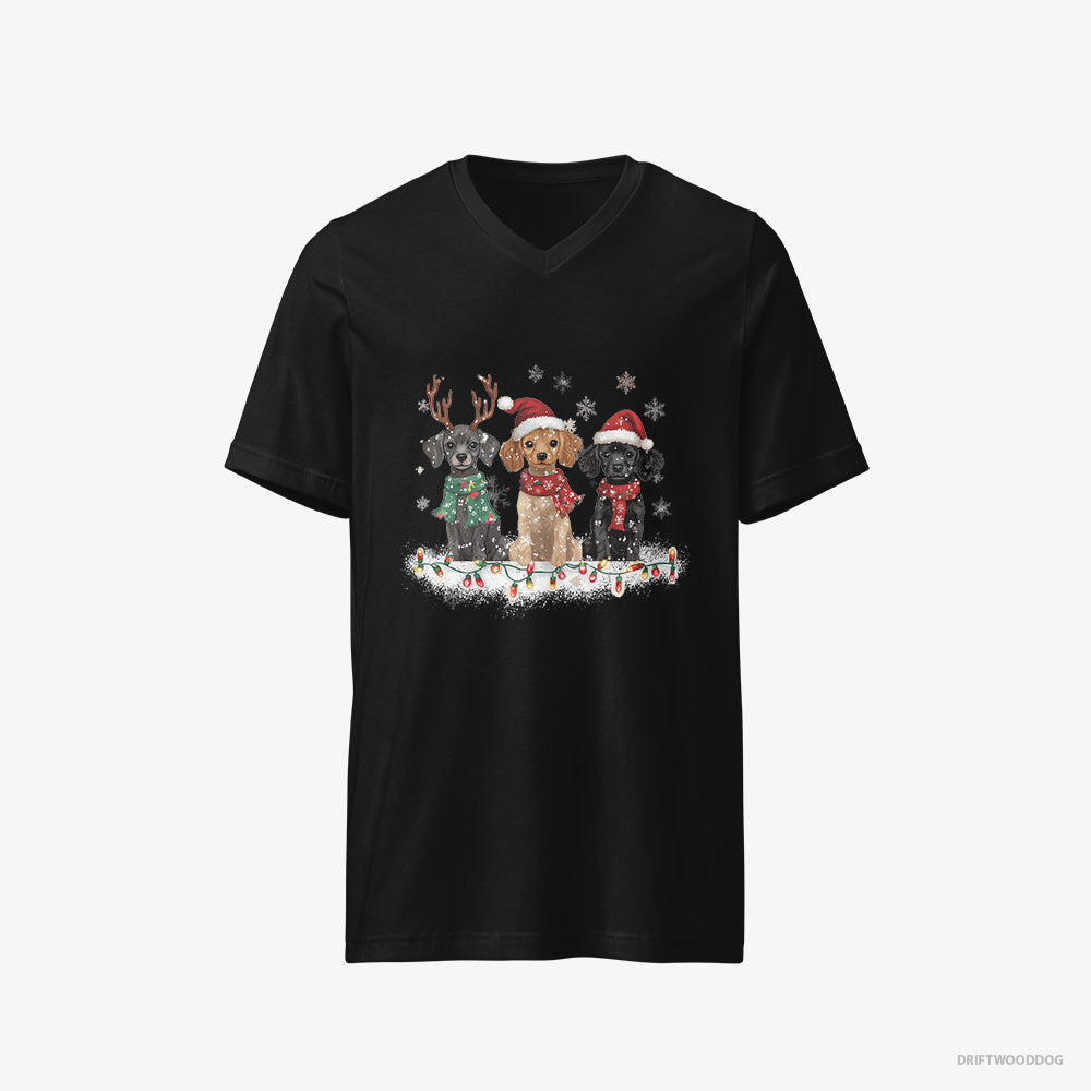 Poodle T-Shirt – Men Black T-Shirt V-Neck – Puppies Surrounded by Christmas Magic (on White Background)