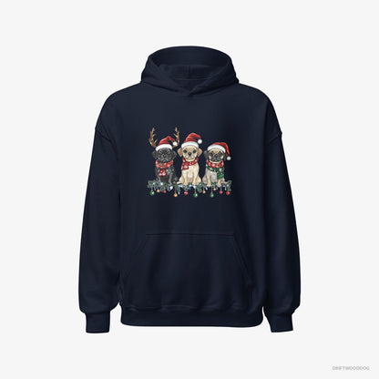 Pug Puppies in a Merry Christmas Navy Hoodie