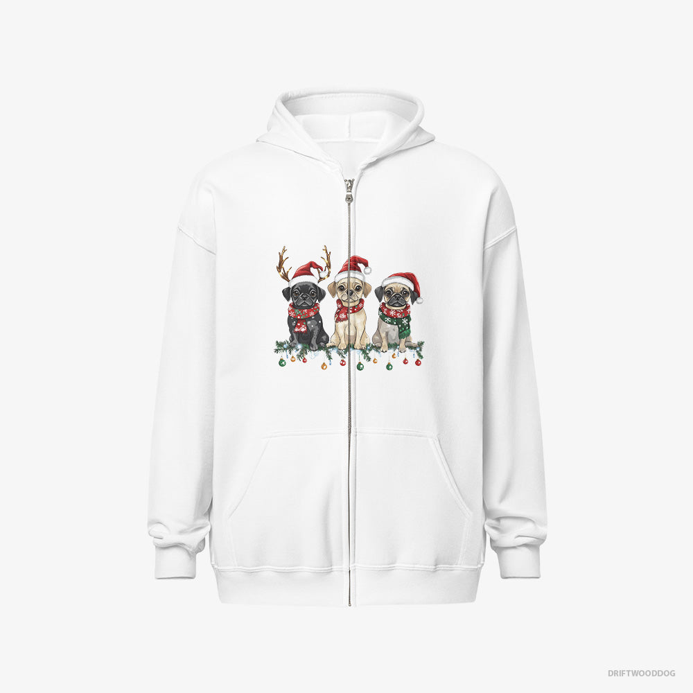 Pug Hoodie – Men White Hoodie Full-Zip – Puppies in a Merry Christmas (on White Background)