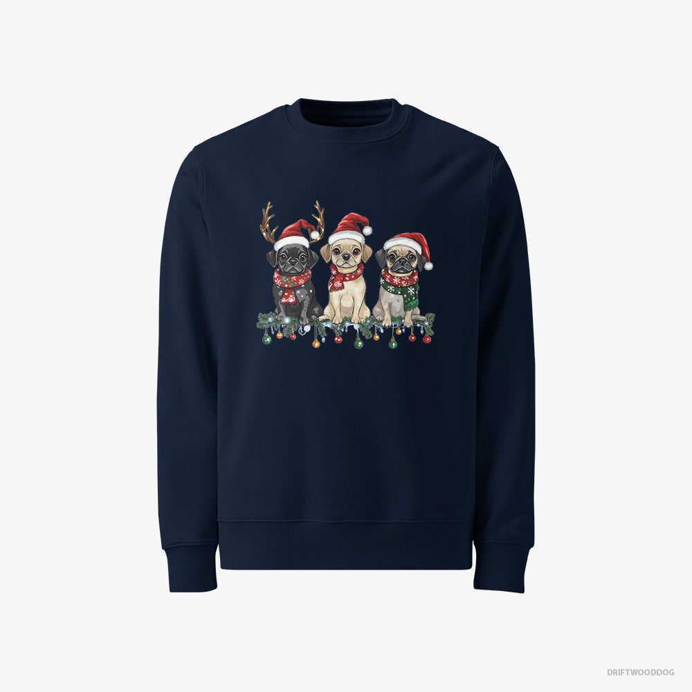 Pug Sweatshirt – Men Navy Sweatshirt Classic – Puppies in a Merry Christmas (on White Background)