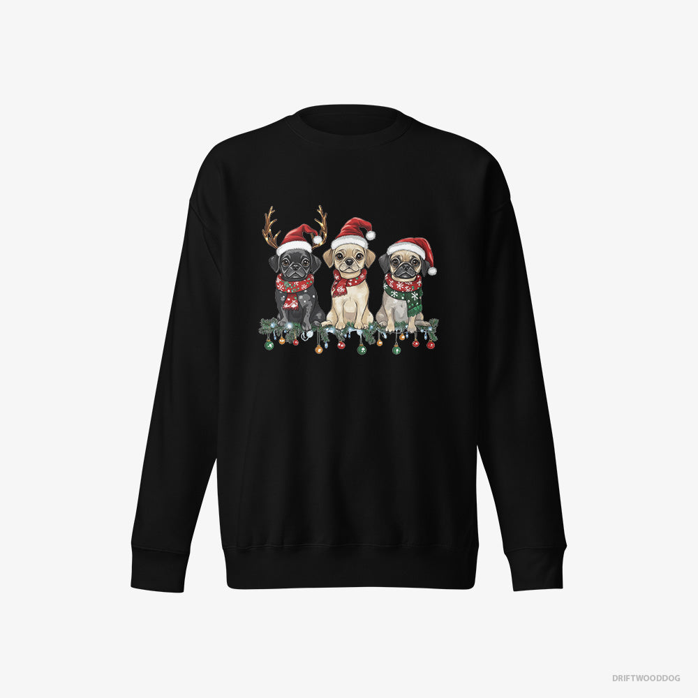 Pug Sweatshirt – Women Black Sweatshirt Eco-Friendly – Puppies in a Merry Christmas (on White Background)