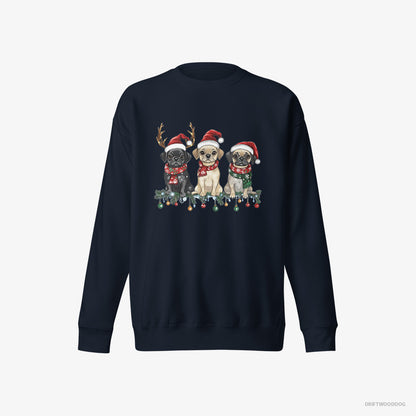 Pug Sweatshirt – Women Navy Sweatshirt Eco-Friendly – Puppies in a Merry Christmas (on White Background)