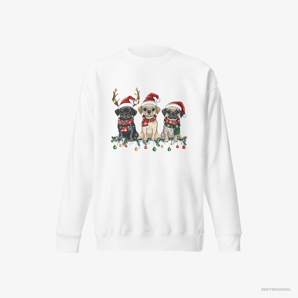 Pug Sweatshirt – Men White Sweatshirt Eco-Friendly – Puppies in a Merry Christmas (on White Background)