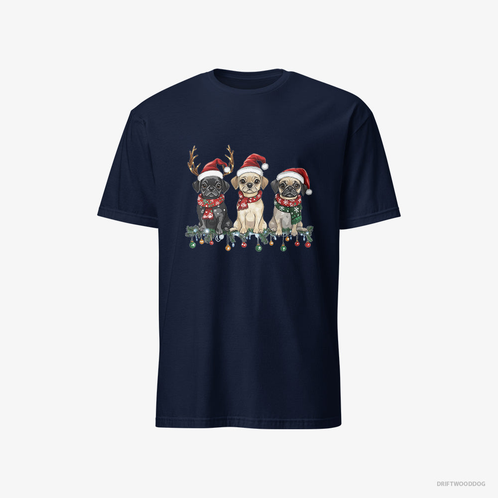 Pug T-Shirt – Women Navy T-Shirt Classic – Puppies in a Merry Christmas (on White Background)