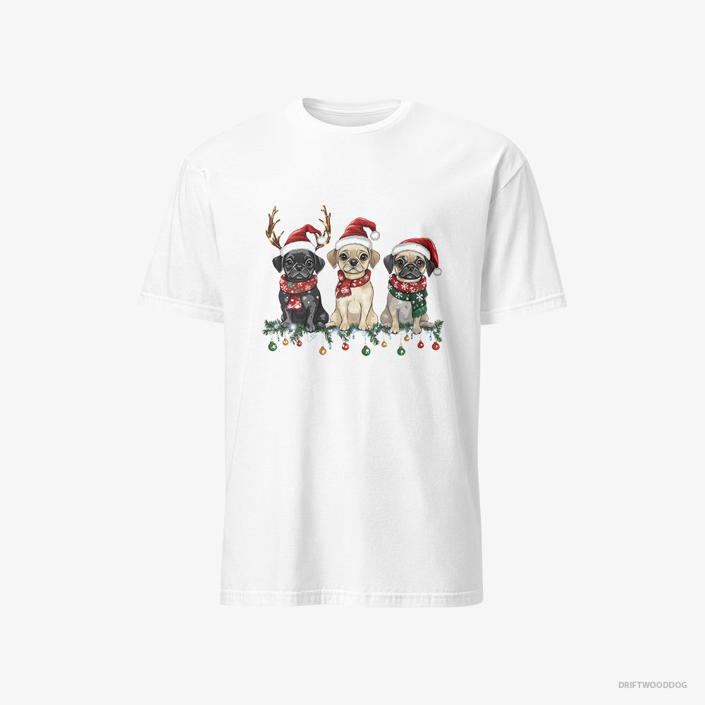 Pug T-Shirt – Men White T-Shirt Classic – Puppies in a Merry Christmas (on White Background)