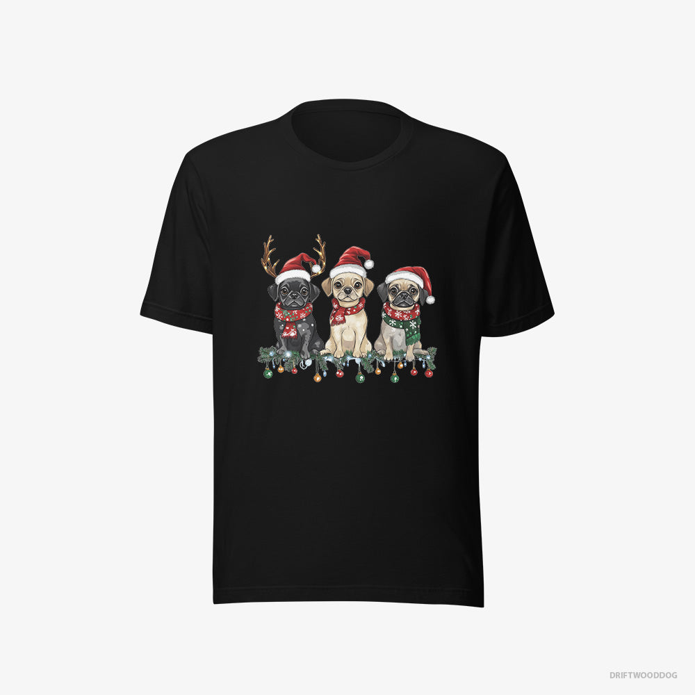 Pug T-Shirt – Men Black T-Shirt Eco-Friendly – Puppies in a Merry Christmas (on White Background)