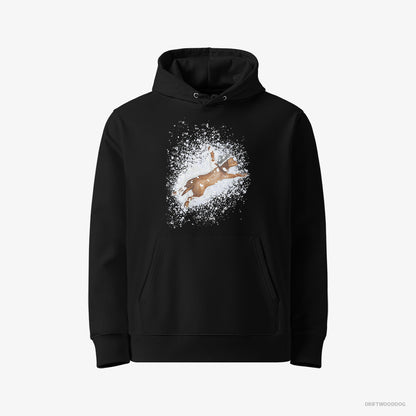 Dachshund Hoodie – Men Black Hoodie Eco-Friendly – Lying in the Snow (on White Background)