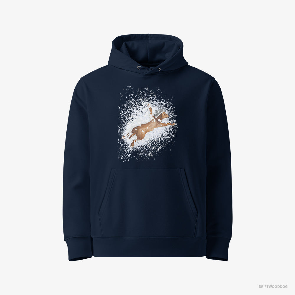 Dachshund Hoodie – Women Navy Hoodie Eco-Friendly – Lying in the Snow (on White Background)