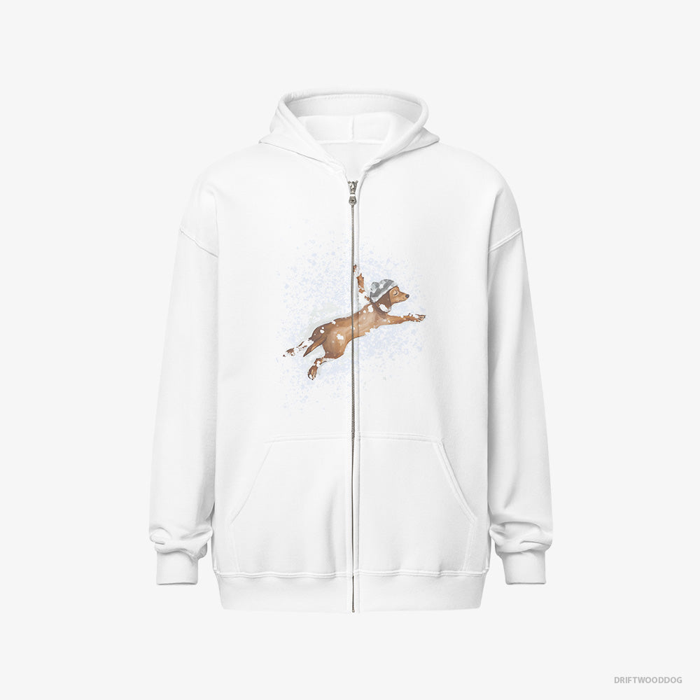 Dachshund Hoodie – Men White Hoodie Full-Zip – Lying in the Snow (on White Background)